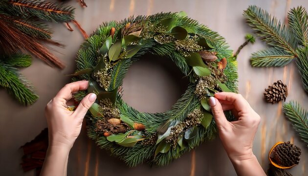 hands skillfully assembling a vibrant wreath using fresh greenery and decorative accents