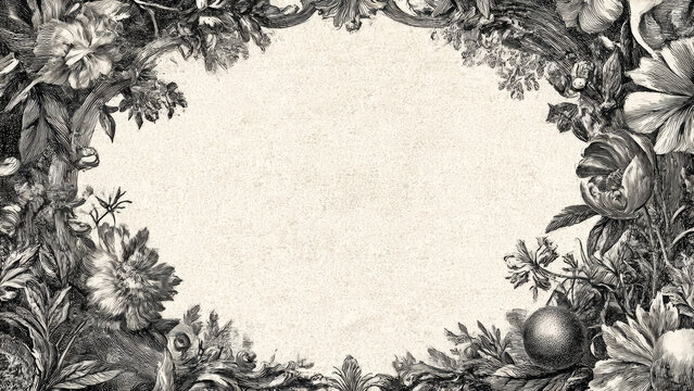 An elegant vintage black and white botanical frame with ornate floral engravings, surrounding a textured cream background, ideal for decorative purposes.