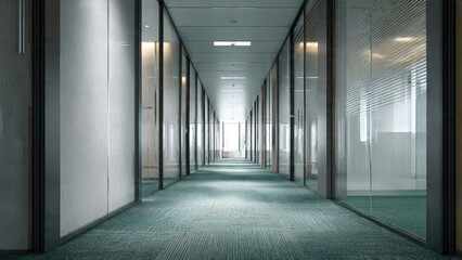 Modern office hallway with sleek glass, frosted walls, teal patterned carpet. Bright window view creates a clean, professional, contemporary workspace.