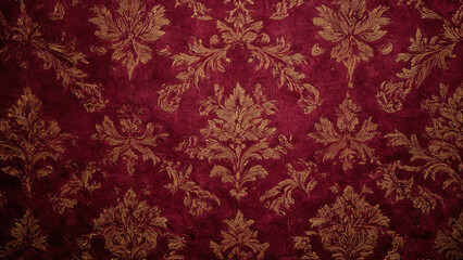 Fototapeta premium A luxurious dark red velvet background featuring ornate gold damask patterns, evoking a classic, opulent, and vintage aesthetic. Perfect for elegant designs.
