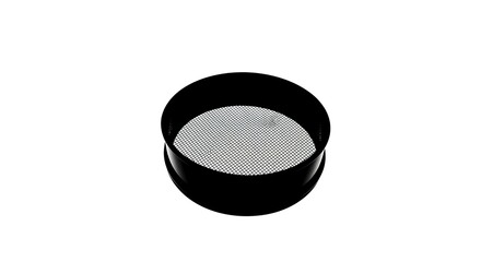Black round metal sieve with fine mesh on a white background, kitchen utensil for sifting flour or other dry ingredients.