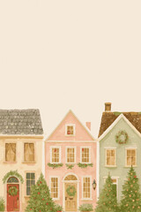 Cozy Christmas Village Watercolor Illustration with Festive Houses and Holiday Decorations. Vector illustration on vertical card with space for text.