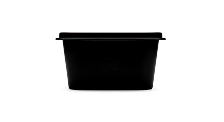 Black plastic rectangular food container with lid isolated on a white background.
