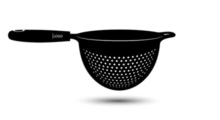 Black Plastic Strainer with Handle on White Background.