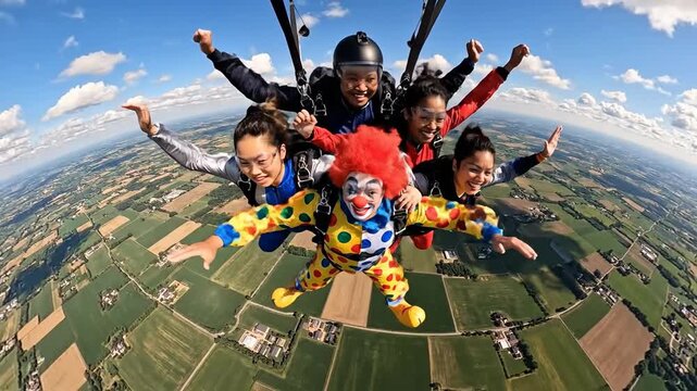 Joyful group skydiving adventure with a clown character