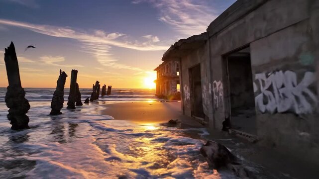 Dilapidated building on sandy shore at sunset with ocean waves and wooden posts