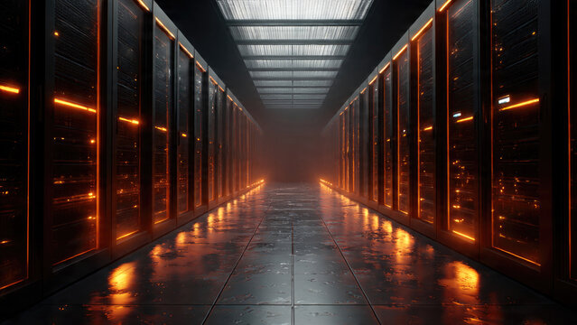 Dark, futuristic server room with glowing orange data racks. Reflective floor highlights powerful, high-tech digital infrastructure, an immense computing hub.