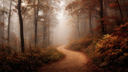 Obraz premium Winding dirt path through dense autumn forest, enveloped by thick fog. Golden and red leaves create tranquil, mysterious woodland scene.