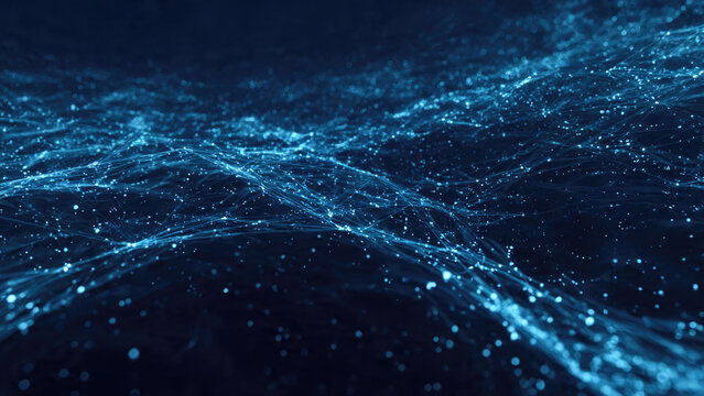 An abstract digital landscape featuring glowing blue particles and interconnected lines, representing complex data networks, technology, and futuristic connections in a dark, dynamic environment.