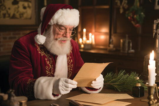 Traditional Santa Claus Reading a Letter by Candlelight in Workshop