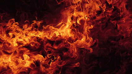 This image captures a vibrant, chaotic inferno with swirling red, orange, and yellow flames against a deep dark background, evoking intense heat and energy.