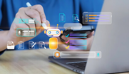Mobile device displays chatbot and digital invoice icons, representing an AI-powered procurement system that automates B2B purchasing and streamlines mobile supply chain management..