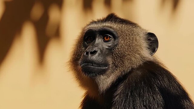 Monkey Contemplation: Captivating close-up of a thoughtful monkey with rich fur tones. The background&rsquo;s warm color enhances the contemplative mood and unique details of this amazing creature.