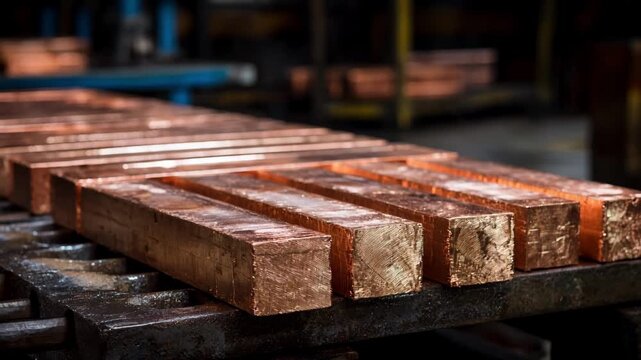 Medium shot of freshly cast copper bars cooling on a metal rack in an industrial foundry environment.