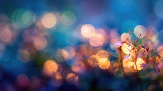 Soft bokeh lights in warm orange and blue tones create a dreamlike, abstract backdrop with subtle hints of nature.
