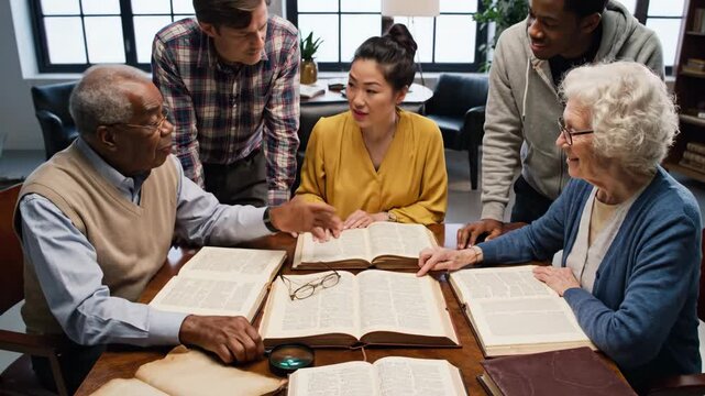 Group reading old books together, diverse ages, cultures, and genders