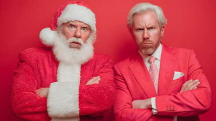 Humorous Santa and Businessman with Arms Crossed on Red Background
