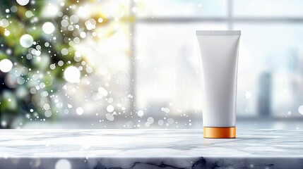 A white cosmetic cream tube with an orange base sits on a marble surface. The background features a blurred bokeh effect with bright lighting.