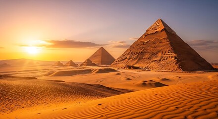 Pyramids of giza stand tall in the desert landscape during a vibrant sunset scene