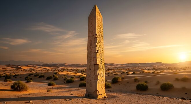 Ancient obelisk standing tall in the desert landscape at sunset with hieroglyphics