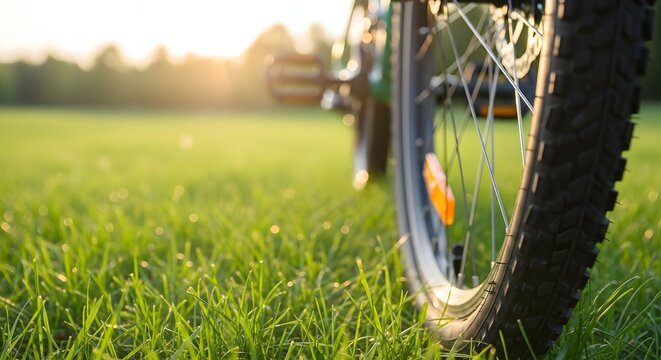 Close-up of a bicycle tire on lush green grass during golden hour, symbolizing eco-friendly travel concept and sustainable lifestyle
