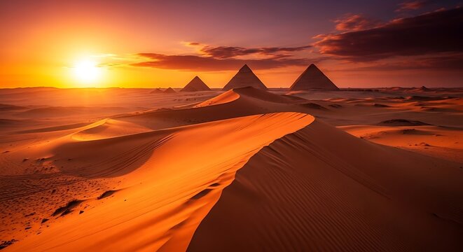 Golden sunset over desert landscape with pyramids in the distance and sand dunes - Powered by Adobe