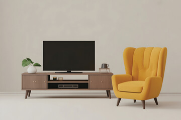 Fototapeta premium Minimalist Mid-Century Living Room with Yellow Wingback Armchair and TV Console