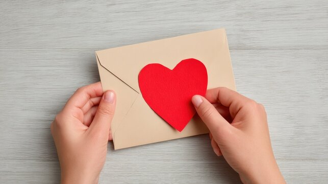 Hands hold a beige envelope with a red heart cutout, perfect for Valentine themed gift and romance