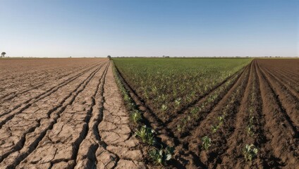 Drought-stricken field contrasts with irrigated green crop area under blue sky.