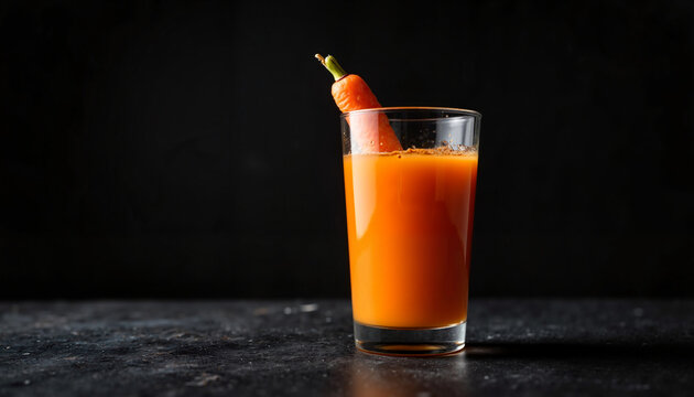 Refreshing carrot juice in glass with fresh carrot garnish on dark background. Vibrant carrot juice captures attention, showcasing healthy ingredients and bright color.