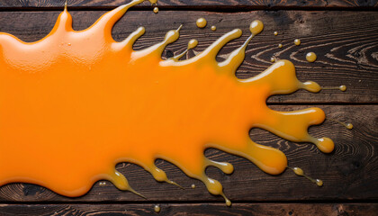 Vivid carrot juice splash on wooden table spreading across surface. Fresh carrot juice droplets splash create an energetic scene, showcasing vibrant orange color and liquid texture.