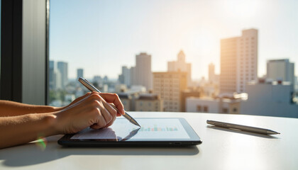 Modern digital workspace with tablet, urban skyline views and sunlight streaming through window. Professional uses tablet for creative tasks in vibrant office setting,