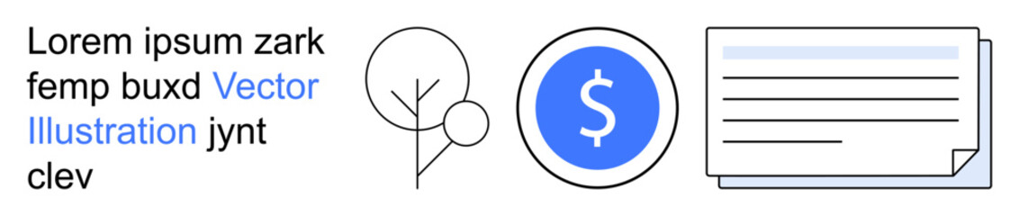 Financial growth, eco-business, sustainability, documentation, business plans, economy. Dollar sign in blue circle, tree outline and document icon. Financial growth and eco-business