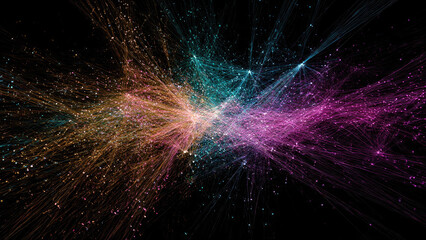 Vibrant abstract network of interconnected light strands and particles against a dark background, depicting complex data flow or futuristic digital connections.