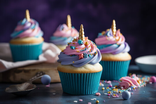 cute unicorn theme birthday party cupcakes. Generative ai - Powered by Adobe