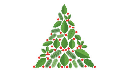 Festive Christmas Tree Illustration Composed of Green Leaves and Red Berries on a White Background