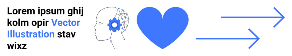 Psychology, emotional intelligence, progress, artificial intelligence, love, direction. A human head with gears, a heart and arrows pointing forward. Psychology and emotional intelligence concepts