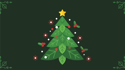 Festive Christmas Tree Illustration with Holly Berries and Snowflakes on a Dark Green Background