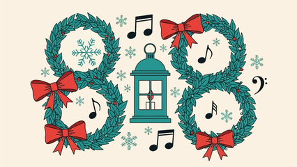 Festive Christmas Wreath Arrangements with Lantern and Musical Notes, Celebrating Holiday Joy