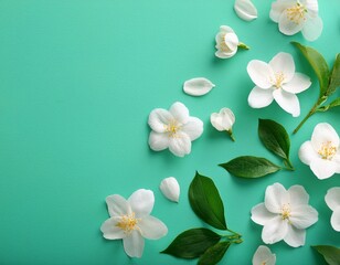 Naklejka premium white flowers and green leaves on mint background