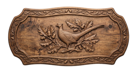 A detailed wooden carving of a pheasant surrounded by oak leaves and acorns, transparent background