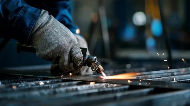 Medium shot of technician visually inspecting metal casting surface for defects under bright workshop lighting
