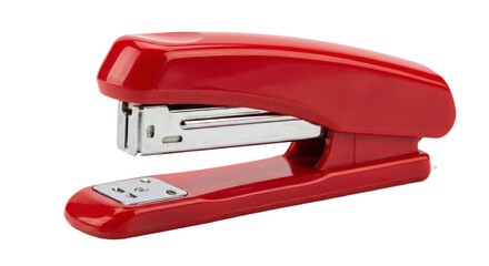 A vibrant red stapler, an essential office supply, transparent background