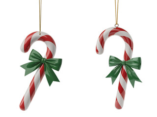 Two classic red and white candy cane christmas ornaments tied with green ribbon bows, hanging against transparent background