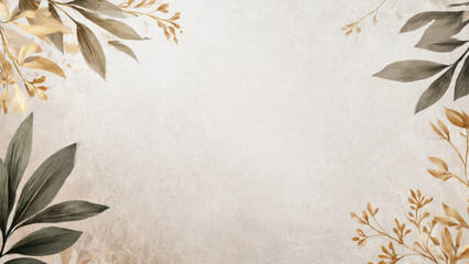 A serene, textured beige background adorned with elegant dark green and golden botanical leaves and branches, perfect for sophisticated invitations or natural-themed designs.