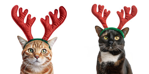 Two festive cats wearing cute red reindeer antler headbands, for funny and charming holiday christmas photo
