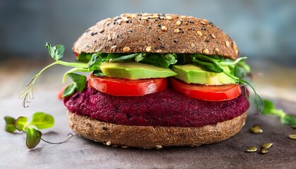 a delicious vegetarian burger with beetroot avocado tomatoes and greens on a whole grain bun useful for cooking blogs articles on healthy eating vegetarianism and recipes