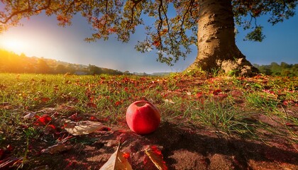 low angle view of fallen red apple under tree with ripe red apple on the ground