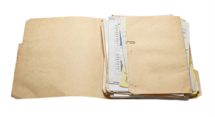 Open manila file folder with business documents, transparent background