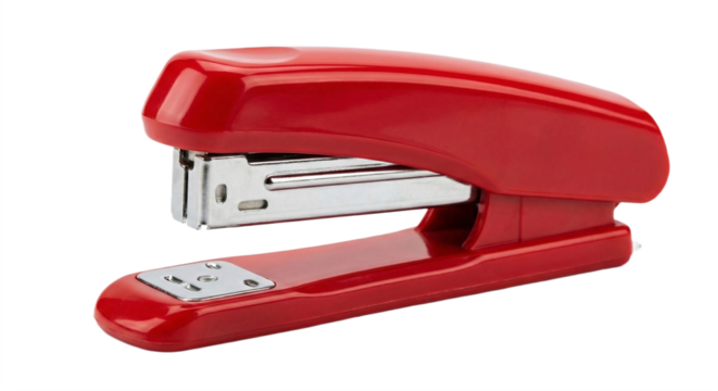 A vibrant red stapler, an essential office supply, transparent background